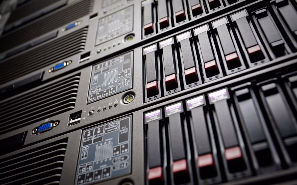 Drive bays on the front of a rack server
